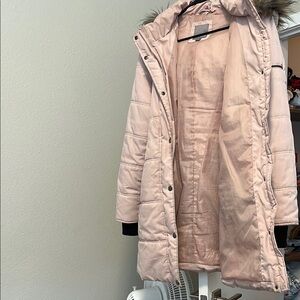 Women's Pink Quilted Jacket with Faux Fur Hood